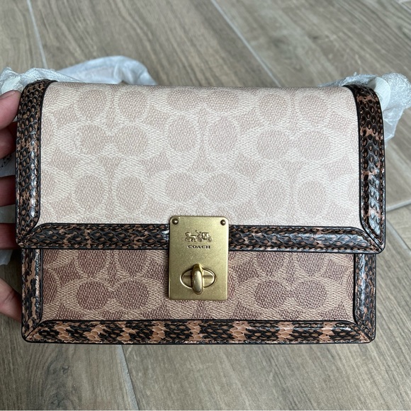 Coach Hutton Shoulder Bag In Blocked Signature Canvas With Snakeskin Detail - Picture 3 of 10